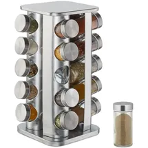 Relaxdays Gewürzkarussell mit 20 Gewürzgläsern, 360° drehbar, Edelstahl, Glas, Gewürzregal Hxd 34 x 19 cm, eckig, Silber Metall, 19x34x19 Küchenzubehör, Vorratsbehälter, Gewürzgläser