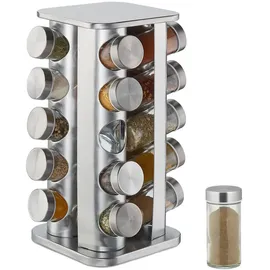 Relaxdays Gewürzkarussell mit 20 Gewürzgläsern, 360° drehbar, Edelstahl, Glas, Gewürzregal Hxd 34 x 19 cm, eckig, Silber Metall, 19x34x19 Küchenzubehör, Vorratsbehälter, Gewürzgläser