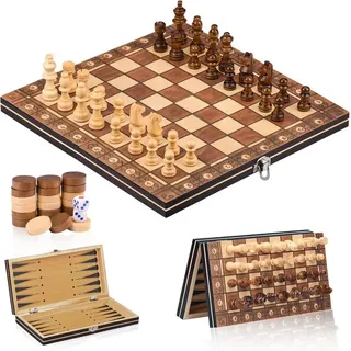 Kityhome Spiel 3-in-1 Magnetisches Holz-Schachspiel, Chess Board Set klappbar, für Party Familie Aktivitäten,reiseschach, schachspiel Kinder(29x29cm)