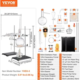 Vevor Destillationsset für ätherische Öle, 500-ml-Destillationsgerät, 3,3-Boro-Laborglas-Destillationsset mit Alkohollampe, Keramiknetz und 24-, 40-verbindung, 28-teiliges Set