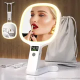 Robofun Schminkspiegel mit Beleuchtung und LED Display für Zeit - Akkustand - Helligkeit, Handgehaltener Kosmetikspiegel mit Beleuchtung, 1X/10X Vergrößerungsspiegel mit Vorder- und Rückschalter