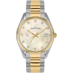 Quarzuhr JACQUES LEMANS "Derby", gold (silbergoldfarben, perlmuttfarben), Armbanduhren, Damen, Armbanduhr, Damen, analog, Datum, Perlmutt-Zifferblatt, Lederarmband