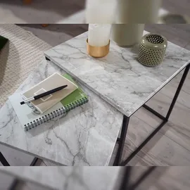 FineBuy Beistelltisch 2er Couchtisch Set Marmor Optik Weiß Wohnzimmertisch