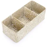 IGNPION Aufbewahrungskorb mit 3 Fächern, Seegras, gewebter Schreibtischkorb, rechteckig, Organizer-Box, Regale und Schreibtische, dekorativer Korb für Kleinteile, Schreibwaren, Kosmetik, weiß