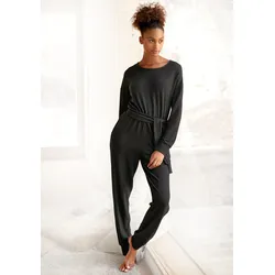 Overall LASCANA, Damen, Gr. 36/38, N-Gr, schwarz, Strick, Obermaterial: 68% Polyester, 30% Viskose, 2% Elasthan, Basic, bequem lang, Rundhals, Langarm Rippstrickbündchen, Overalls Jumpsuit