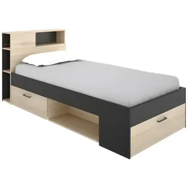 vente-unique Vente-unique-Bett mit Kopfteil, Stauraum & Schublade + Lattenrost - 90 x 190 cm - Anthrazit und Holzfarben - Leandre