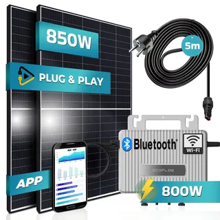 SUNNIVA® 850W Balkonkraftwerk komplett Steckdose - Ecoflow Stream 800W Micro Wechselrichter PV Solaranlage Komplettset - 2x 425W (850W) Solarmodule - inkl. 5m Kabel - Bluetooth, WIFI