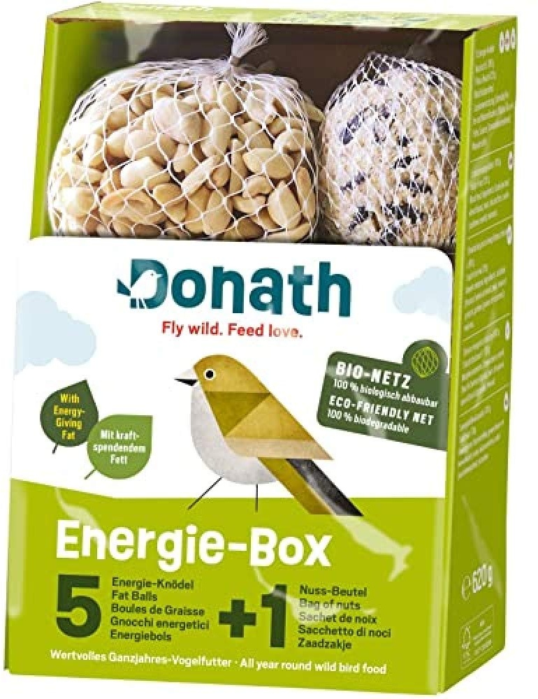 Donath Energie-Box 5+1-5 Meisenknödel a 100g und 1 Nussbeutel mit 120g, jeweils im Bio-Netz - Knabbervielfalt- wertvolles Ganzjahres Wildvogelfutter - aus unserer Manufaktur in Süddeutschland