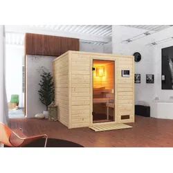 Sauna WELLTIME "Jacky", beige (naturbelassen), Saunaofen, externe Steuerung, 9 kW, Saunen, mit bronzierter Ganzglastür, für bis zu 3 Personen