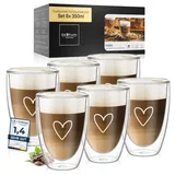 ElbFuchs® Latte Macchiato Gläser doppelwandig [6x 350ml] GESCHENKIDEE mit HERZ | Kristallklare Thermogläser doppelwandig | Ideal als Cappuccino Gläser | Kaffeegläser | Teegläser