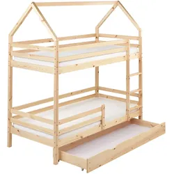 Hochbett mit Schubladen Haus Kiefernholz GIRGOLS 90 x 200 cm mit Stauraum Hellbraun
