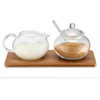 Weis Zucker-/Sahne-Set, Glas, mit Bambustablett,