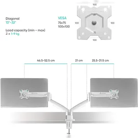 ONKRON Monitorhalterung 2 Monitore für 13-32 Zoll, bis 9 kg (x2), VESA 75x75 / 100x100, schwenkbar, neigbar, drehbar, Weiß G200-W