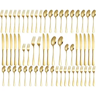Besteck Set 12 Personen, 60-teiliges Goldenes Besteck, Hochglanzpoliert und Spülmaschinenfest, Elegantes Besteck Gold, mit Messer Gabel Löffel, für Haus, Party, Restaurant(Gold Matt)