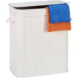 Relaxdays Wäschekorb Bambus, rechteckiger Wäschesortierer, 2 Fächer, mit Klappdeckel, platzsparend faltbar, 95 l, weiß