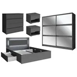 Feldmann-Wohnen Komplettschlafzimmer Fino, (5-teilig, 1 Schiebetürenschrank, 1 Doppelbett, 2 Nachtkonsolen, 1 Schubladenkommde, 5-tlg., moderne Optik, ohne Soft-Close, LED im Kopfteil), mit LED-Licht, graphit grau 578 cm x 215 cm x 204 cm