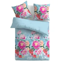 BestLivings Bettwäsche Satin Frühjahresblumen Blau 135 x 200 cm + 80 x 80 cm