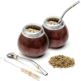 balibetov Set aus Natürlichem Kürbis Tasse für Mate Tee Handgefertigt Inkl. Strohhalm (Yerba Mate Straw) (DUNKLE BRAUNE X2)