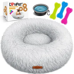 LOVPET® Hundebett Hundekissen Katzenbett Bagel, Waschbar, Inkl. Napf + 3x Kauknochen, Hundesofa flauschig Kissen Rund aus Plüsch für Kleine, Mittelgroße & Große Hunde, Katzen