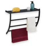 Relaxdays Handtuchhalter Wand, HBT: 44 x 56,5 x 23 cm, mit Ablage & 3 Handtuchstangen, Duschtuchhalter fürs Bad, schwarz