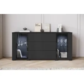 Home Affaire Sideboard HOME AFFAIRE "modernes Design mit Glaseinsätzen und 3 Schubladen, Breite 150 cm", schwarz (graphite schwarz matt), B:150cm H:70cm T:39,5cm, Sideboards, Sideboard, Grifflose Fronten mit Push-to-Open, höhenverstellbare Einlegeböden