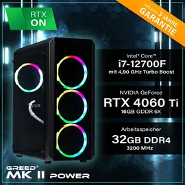 Greed Greed® MK2 Power - High End Gaming PC - Intel Core i7-12700F + Nvidia RTX 4060Ti 16GB - Schneller RGB Computer + 4K Raytracing Rechner mit 4,9 GHZ - 32GB DDR4 - 1TB SSD - WLAN + W11 Pro