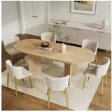 i@home Essgruppe Esstisch-Set (inkl. Esstisch und 6 Stühlen), Ausziehbarer Esstisch, (120/160*80 cm, Esstisch mit abgerundeten Ecken und dicker Tischplatte, einfacher Stil, Samtstühle, Beige + Goldstühle, Eichentisch), Ausziehbar, Abgerundete Ecken, 3 cm dicke Tischplatte beige