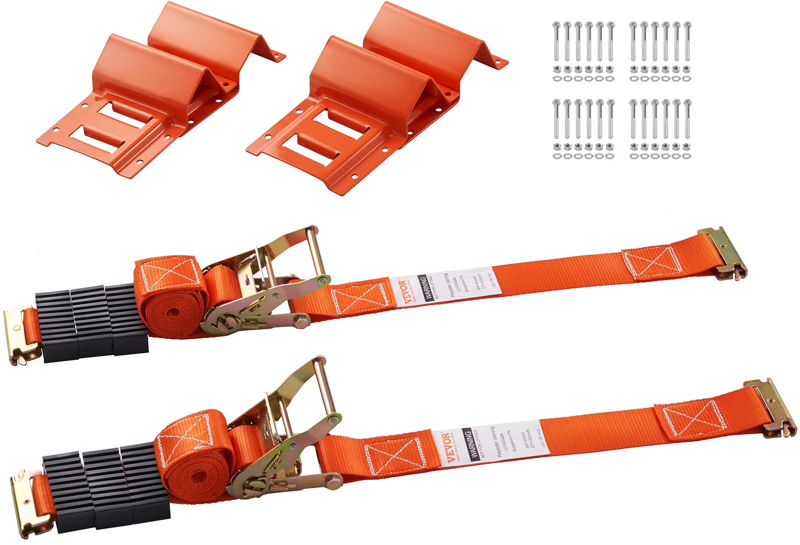 VEVOR Unterlegkeil-Spanngurt-Set, 5,08 x 243,84 cm Spanngurte Autotransport, 2-teiliges Anhänger-Spannsystem für 25,4-58,42 cm Räder, ATVs, UTVs, Anhänger, Unterlegkeil und Spanngurt-Zubehör Orange