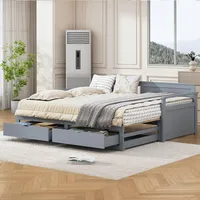 Merax Ausziehbar Schlafsofa, Multifonctionnel Couch Bett aus Holz, Tagesbett mit Schubladen, 180 x 190 cm, Grau (Ohne Matratze)