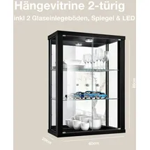 K-Möbel Hängevitrine in Schwarz (80x60x25 cm) mit 2 höhenverstellbaren Glasböden, Spiegel & LED - Modellauto Vitrine Schwarz - Vitrinenschrank Schwarz