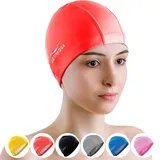 AqtivAqua Badekappe Damen Herren Mädchen Jungen Kinder Spandex Stoff Schwimmkappe Badekappen Schwimmhaube (Farbe Rote, Erwachsenengröße)