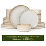 Richmount [Rabattcode: GIFTBEST25 €69-€20] Richmount Starlight Serie Geschirr-Set - 18-teilig für 6 Personen, Keramik, mit Teller, Vorspeisenteller und Müslischalen, spülmaschinen- und mikrowellensicher, Cappuccino-Weiß