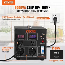 Vevor 2000W Spannungswandler Transformator AC 110V⇋220V Transformer Wandler 2x US NEMA 5-15R 3-polige/2x standardmäßige europäische Shucko-Ausgangssteckdosen, 1x 5V-USB-Anschluss, 1x Typ-C-Buchse