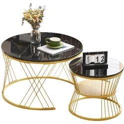 Merax Moderne Nesting Couchtisch, Hochglanz Couchtisch Satz, Marmor Furnier, Goldene Farbe Frame, Schwarz