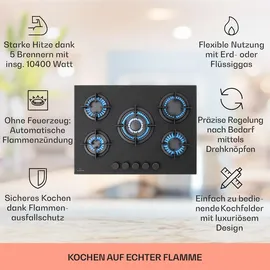 Klarstein Gasherd für Propan/Erdgas, Gas Kochplatte aus Edelstahl, Gaskochfeld mit 10400W Einbau-Gaskochfeld 5 Flammig, Propangas Gaskochfeld für Camping