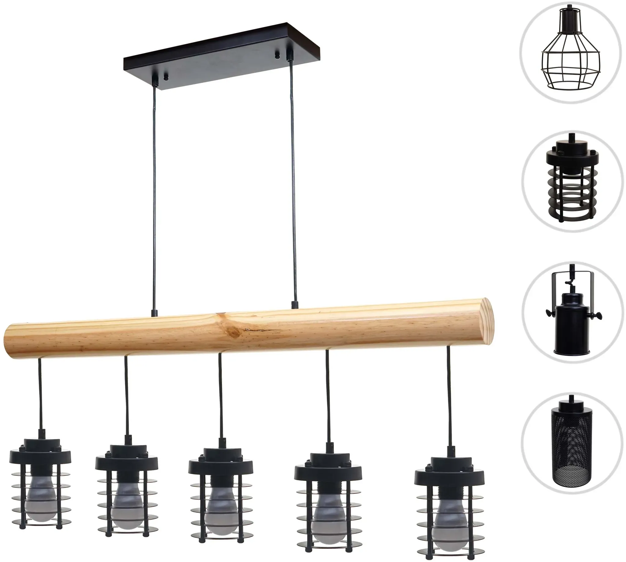 Pendelleuchte HWC-H83, Hängelampe Hängeleuchte, Industrial Vintage Massiv-Holz Metall schwarz ~ 5 Käfiglampenschirme