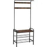 Tectake tectake® Garderobenständer, Industrial Style, mit Sitzfläche, 2 Gitterablagen und 9 abnehmbaren Haken, inklusive Kippschutz, 73,5 x 36 x 184 cm