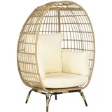 Outsunny Rattansessel in Korbform, Rattanstuhl mit Sitzkissen Gartensessel für Balkon, Terrasse, Metall, Khaki, 105 x 90 x 148 cm