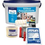 prinzstark Silikon Fassadenfarbe 5L weiß für ca 35m2 + Abdeckfolie Farbroller Anstreichset