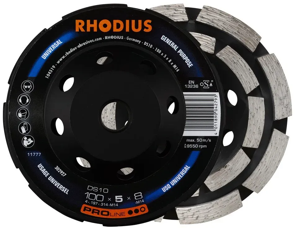 RHODIUS DS10 - Hochleistungs-Diamantschleiftopf 100x5.0x8.0mm - Ideal für Bau-, Renovierungs- und Ti