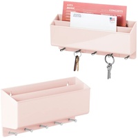 mDesign 2er-Set praktische Briefablage für Flur und Küche – kompaktes Schlüsselboard mit 2 Fächern für Post und 5 Haken – wandmontiertes Schlüsselbrett aus Kunststoff – Hellrosa