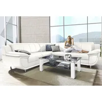 Ecksofa TRENDMANUFAKTUR "Rondo wahlweise mit Schlaffunktion, bequeme Armlehnen", weiß (schneeweiß), B:267cm H:85cm T:247cm, Microfaser PRIMABELLE (100% Polyester);Kunstleder SOFTLUX;Struktur (54% Polyacryl, 46% Polyester);NaturLEDER (echtes Rindsleder) in Sitz und Rücken, Korpus Kunstleder SOFTLUX, Sofas, Ecksofa, L-Form, wahlw.mit Federkern, Füße chromfarben, Unser Dauertiefpreis