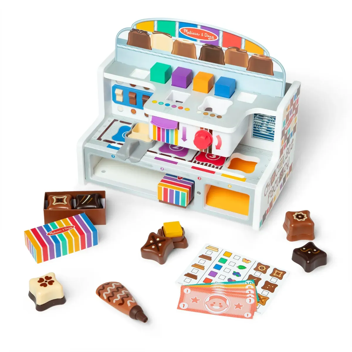 Melissa & Doug Die kleine Schokoladenfabrik Spielset - bunt, Kunststoff - 6 Basen, 6 Deckel, Zubehör, inkl. Geschenkboxen, ab 3 Jahren
