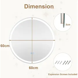 Costway LED-Badezimmerspiegel mit Beleuchtung, 60 cm runder beschlagfreier Badezimmerspiegel, (rund)