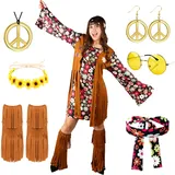 Moiuguli Hippie Kostüm Damen Set, Faschingskostüm Damen Hippie Kleid, 60 er 70er Jahre Bekleidung Damen, Karneval Disco Outfit mit Brille, Haarband, Halskette, Ohrringen, Knöchelsocken, Kopftücher