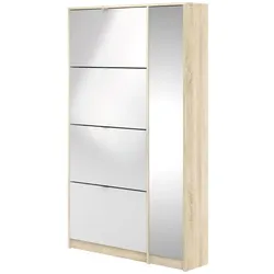Shane Schuhschrank 4 Klapptüren 2R, 1 Spiegeltür eiche Struktur Dekor, hochglanz weiss.