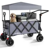 3 in 1 Bollerwagen Faltbar mit Bremsen 150L 136KG Belastbar,Utility Bollerwagen mit abnehmbarem Verdeck, mit großen All-Terrain-Strandrädern und Getränkehaltern, Grau