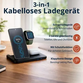 Grundig 3-in-1 Ladestation Apple Watch und iPhone – Qi Ladegerät mit Ladefunktion für Smartphone, Smartwatch, Kopfhörer – Wireless Charger – Faltbar