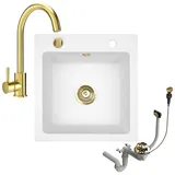 faizee home [Granitspüle 48x50 mit Armatur Gold Weiß] Hochwertig beidseitig Montierbar Küchenspüle Eckig Einbaugranitspüle Granit Spülbecken f. Unterschr... - Weiß