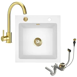 faizee home [Granitspüle 48x50 mit Armatur Gold Weiß] Hochwertig beidseitig Montierbar Küchenspüle Eckig Einbaugranitspüle Granit Spülbecken f. Unterschr... - Weiß